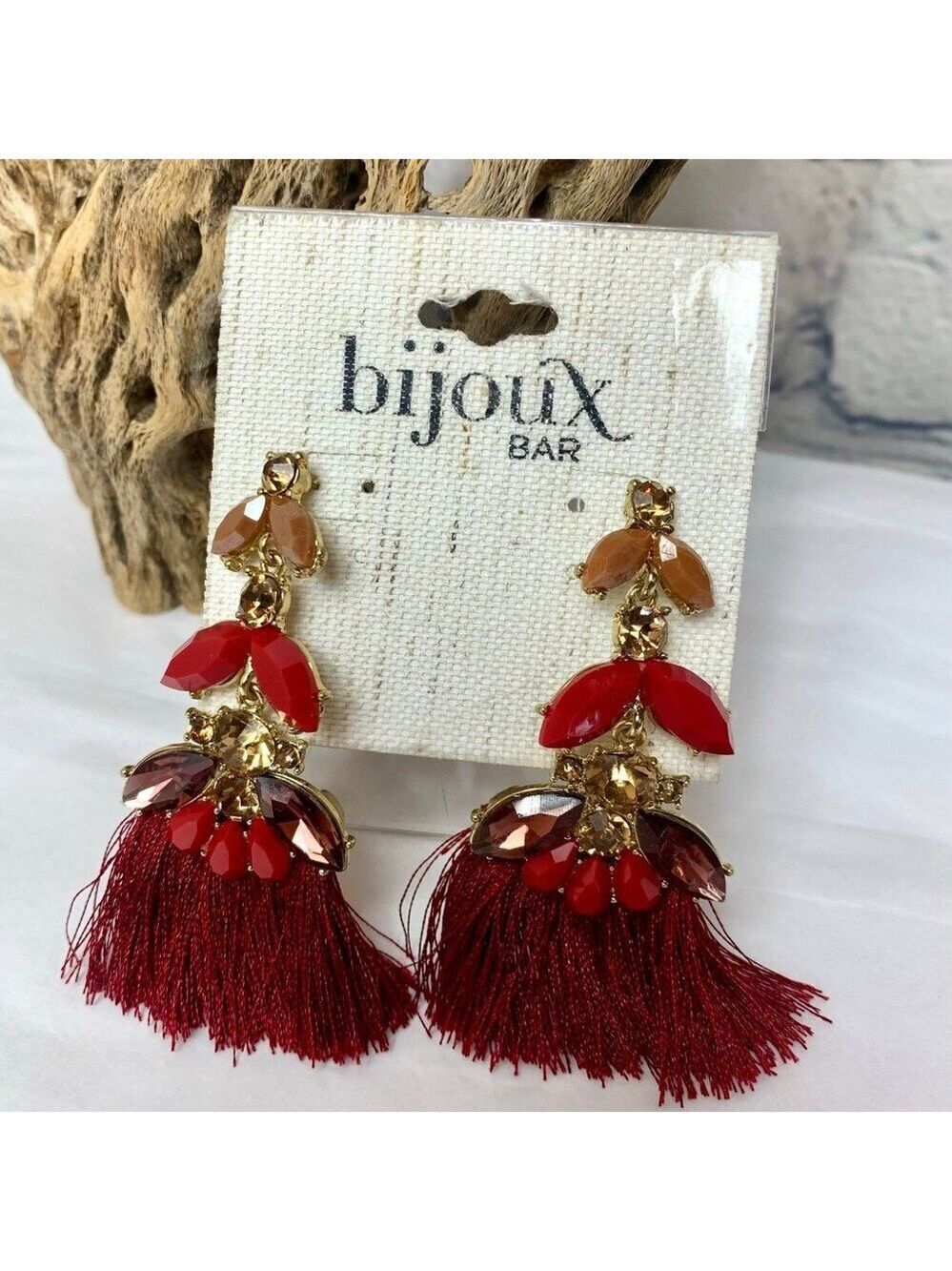 BIJOUX BAR Fan Dangle Earrings Rhinestone 3 Inch